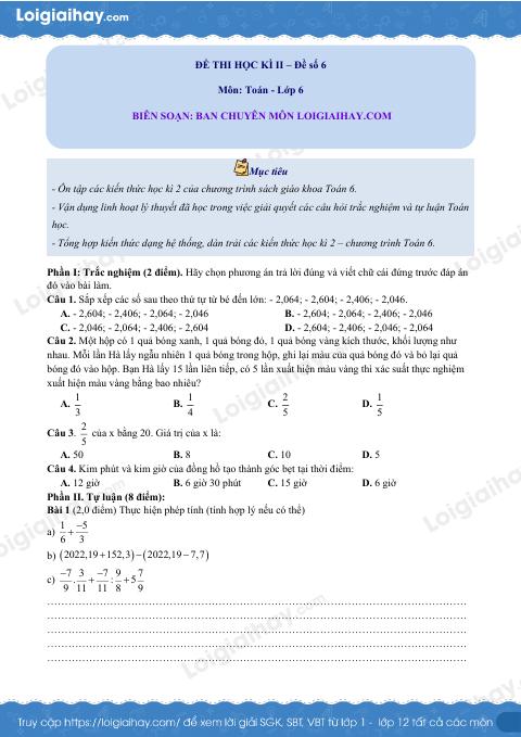 Đề thi học kì 2 Toán 6 - Đề số 6